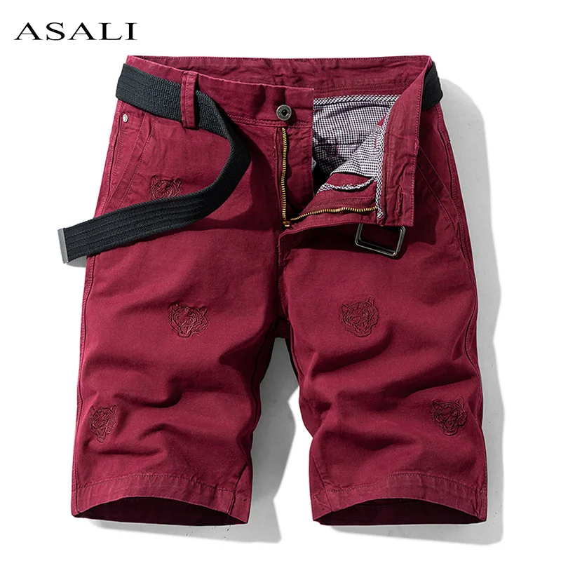 Pantalones cortos Cargo con múltiples bolsillos para hombre, ropa deportiva informal con bordado de cabeza de Tigre a la moda, Color sólido, 2021