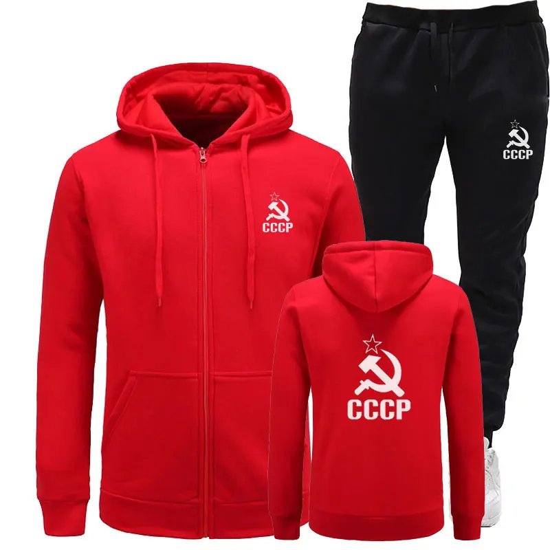 СССР CCCP модные комплекты из двух предметов для мужчин s толстовки+ штаны для бега костюм для мужчин Повседневная Хип-хоп мода Россия футболка высокое качество m - Цвет: red black1