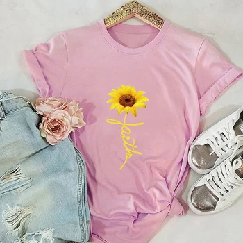 

Women's Fashion Sunflower Faith T-shirts Summer Casual Short Sleeve Graphic Tee Shirts Tops