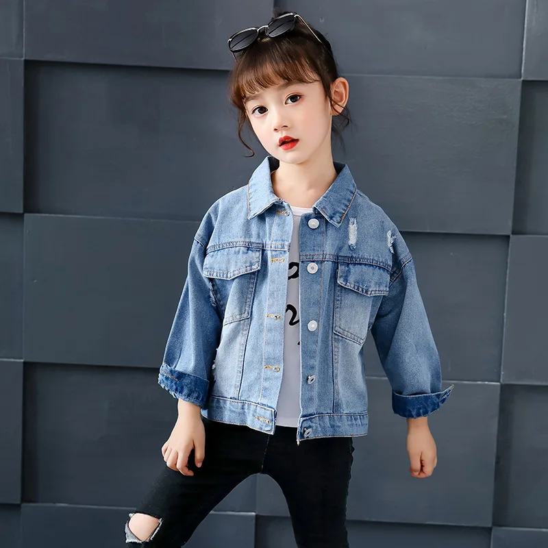 

Girls' Jean Jacket 2019 New Style Autumn Clothing Children with Holes Sequin Cardigan Cowboy Jacket Western Style GIRL'S Fashion