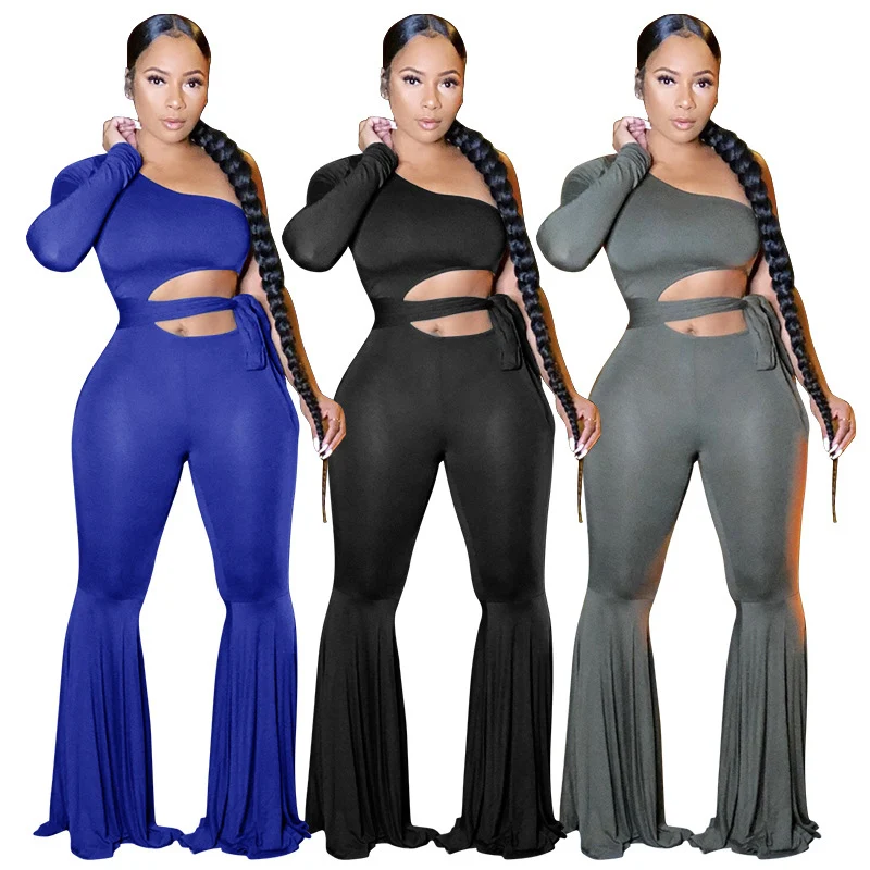

Solid Color One Sleeve Backless Tie Bow Tube Tops Wide Leg Women Jumpsuit Sexy Style Model Outfits