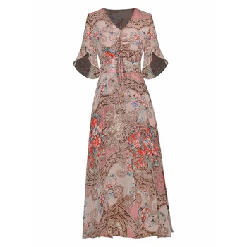 

HIGH QUALITY Newest Fashion 2020 Runway Dress Women's V Neck Butterfly Sleeve Drawstring Vintage Floral Print Dresss
