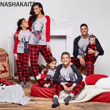 NASHAKAITE/рождественские пижамы для всей семьи; топ с принтом оленя и клетчатые штаны; Рождественский пижамный комплект; семейный образ