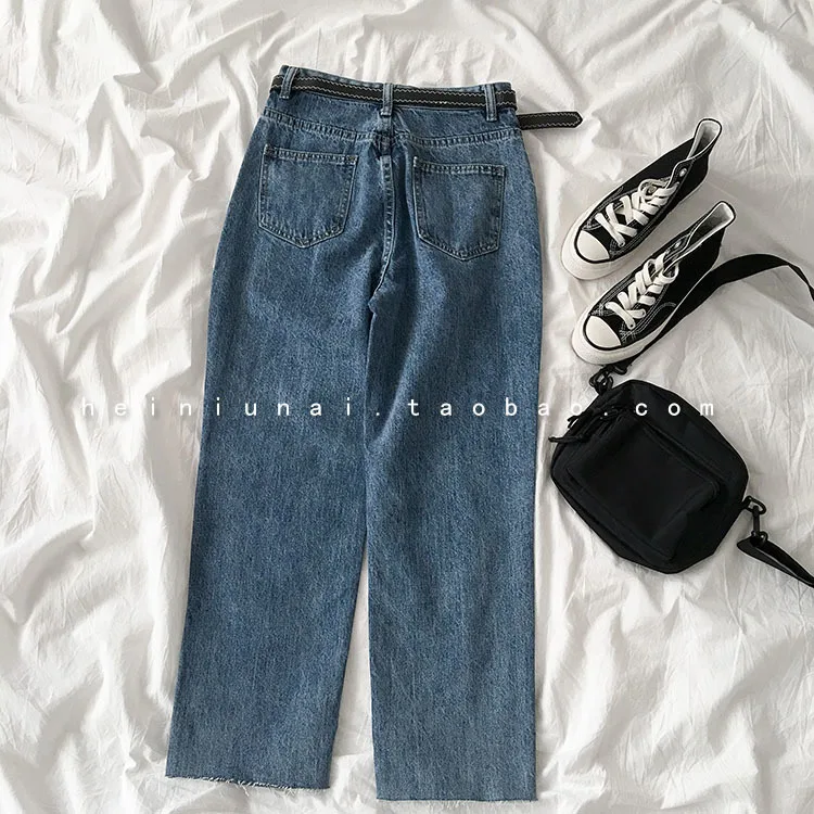 Winter Spring High Waist Jeans Women Straight Fashion Casual Loose Trousers With Belt Female Blue Korean Long Pant Bottoms