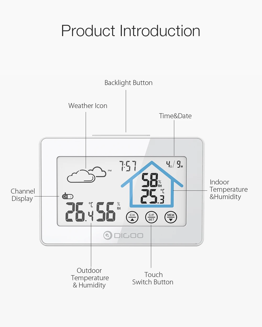 DIGOO DG-TH8380, метеостанция с сенсорным экраном, ежедневные часы, будильник с низкой батареей, термометр, гигрометр, датчик температуры и влажности