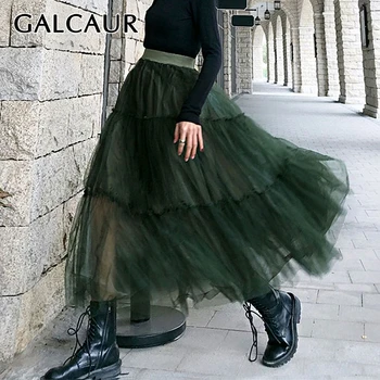 

GALCAUR Elegant Women's Skirts High Waist Patchwork Mesh Plus Size Loose Maxi Ball Gown Skirts Female 2020 Spring New Fashion