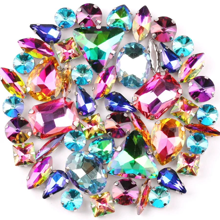 Silver Claw Setting Crystal Rhinestones - 50pcs Mixed Shapes, Clear & Jelly Candy AB