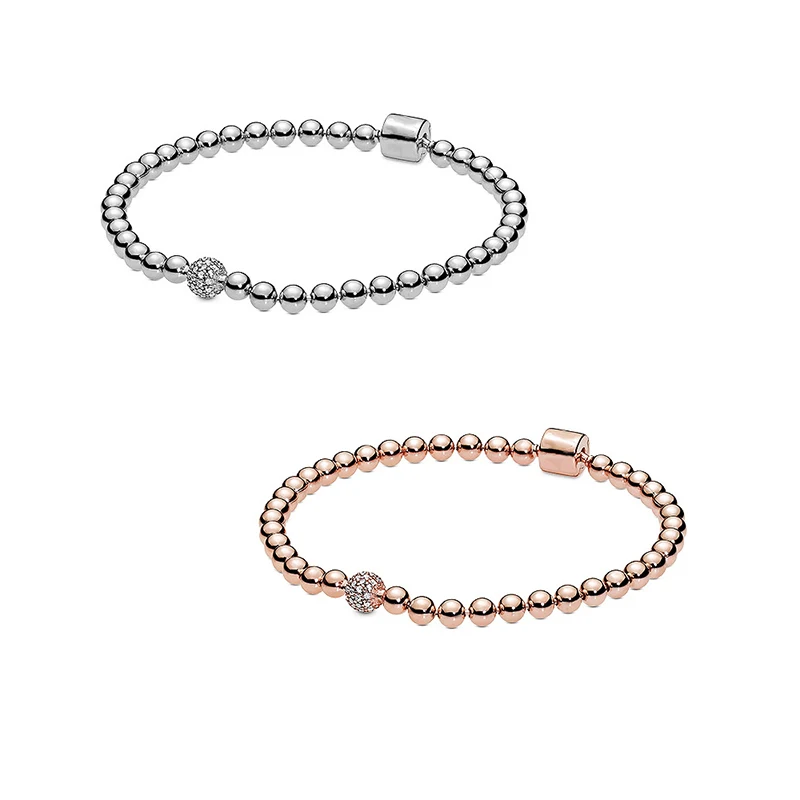 Настоящее 925 пробы Серебряный Круглый браслет из бисера для женщин ювелирные украшения подарок на удачу модный стиль Шарм