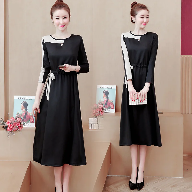

Large Size Dress 2020 Spring Clothing New Style Fat Mm Loose-Fit Slimming Elegant Nobility Joint Waist Hugging Mid-length Dress