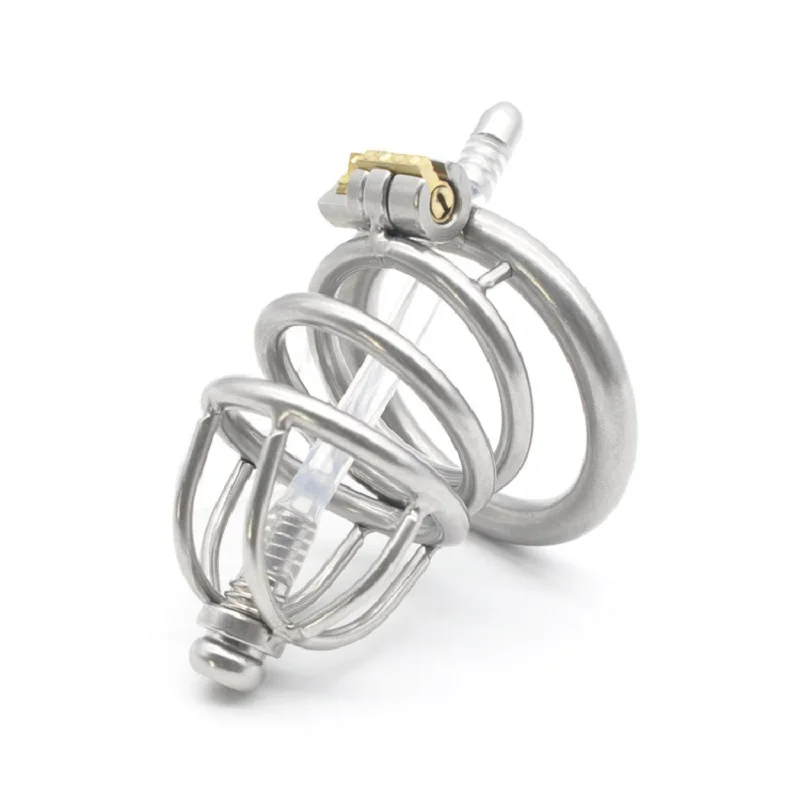 

Stainless Steel Male Chastity Device Cock Cage Metal Locking Belt Penis Ring with Urethral Catheter Bondage Sex Toys for Men