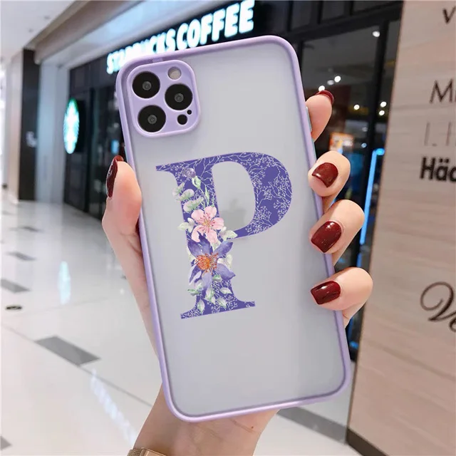 Initial Letter Phone Case For iPhone 13 12 mini 11 Pro X XR XS Max 6s 7 8 Plus Retro Purple Flower Hard Shockproof Back Cover iphone 13 pro phone case
