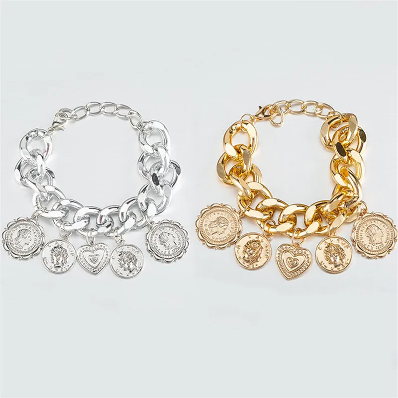 Big Gold Bracket Punk Chain Coins Retro Jewelry Female Personality Relief Portrait Geometric Bracelets HipHop 2019 Man | Украшения и