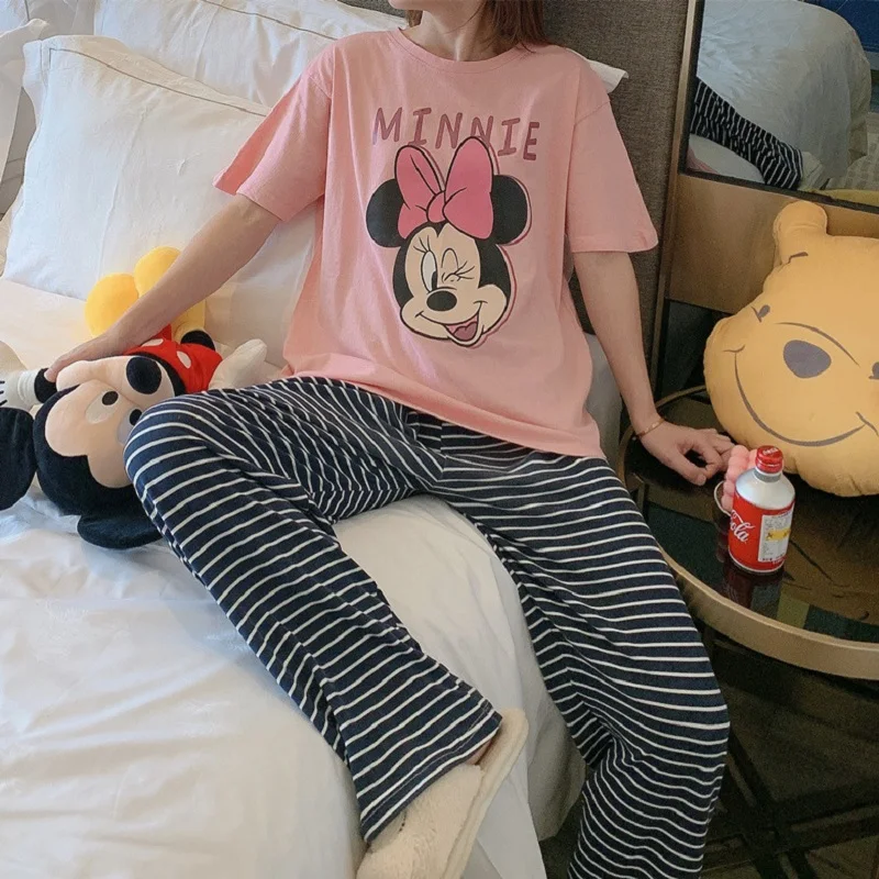 Mickey Minnie Pajamas Women's Summer Casual Short-Sleeved Cute Cartoon Pattern Trousers Thin Loose Home Clothes Outer Wear Suit 6