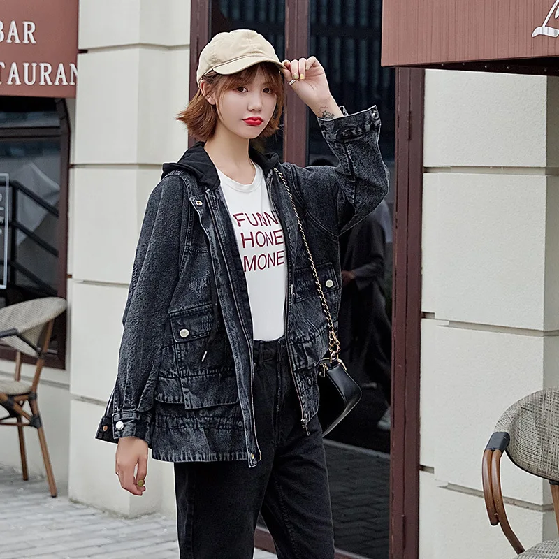 

Hooded Jeans Coat Women's Vintage Autumn 2019 New Style Korean-style Loose-Fit Big Hemline INS Tops Denim Jacket Fashion