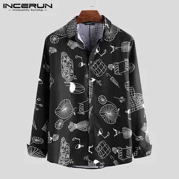 

INCERUN Korean Style Shirt Men Printing Streetwear Lapel Loose 2020 Long Sleeve Stylish Blouse Camisa Button Casual Shirts S-5XL