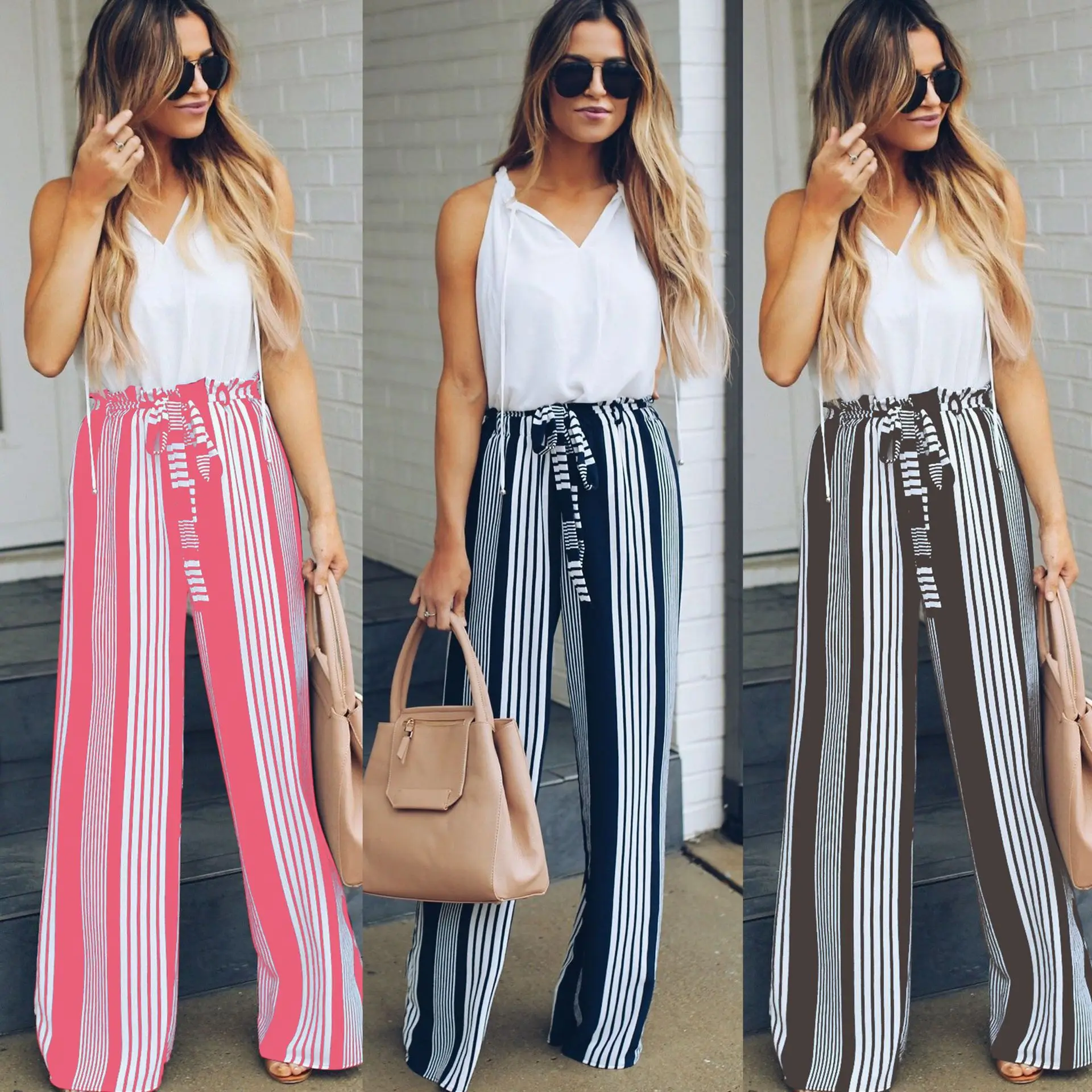 

2019 Women Stripe Printed Bandage Wide Leg Pants Casual Leg Pants For Women Lace Up Trousers Women Casual Pants