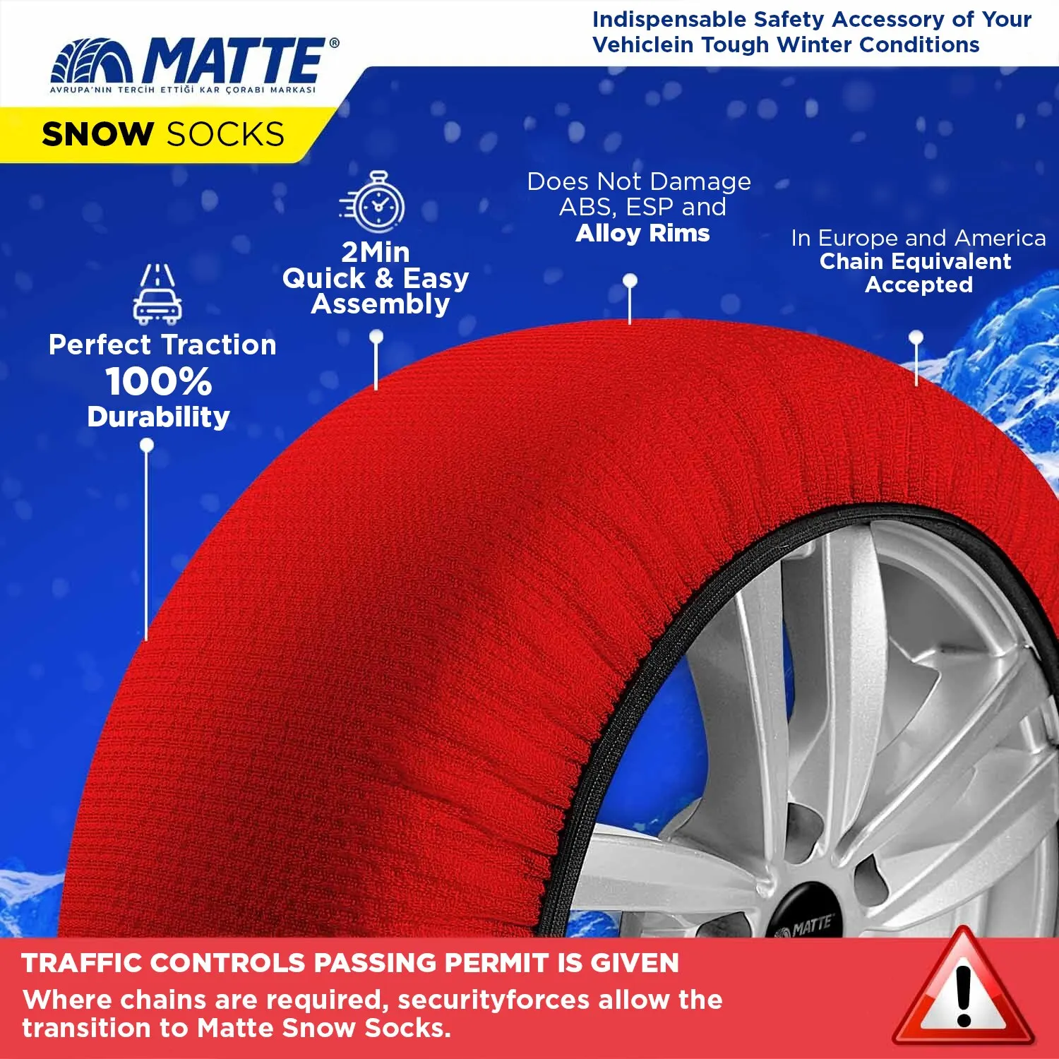 Car Tire Snow Socks for Winter Easy Grip-Active Series (Textile Snow Chain-For Safe Driving on Snowy & Icy Road) Ice Drive