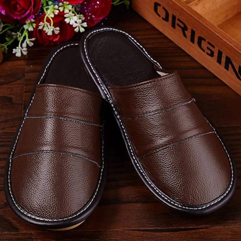 Plus Size 39-44 Genuine Leather Spring And Autumn Home Slippers Non-Slip Thick Solid Color House Shoes Sewing Thread Men Slipper Plus Size 39-44 Genuine Leather Spring And Autumn Home Slippers Non-Slip Thick Solid Color House Shoes Sewing Thread Men Slipper