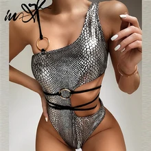 In-x 2020 prata cobra imprimir uma peça maiô feminino corda monokini sexy um ombro banho feminino oco para fora maiô(China)