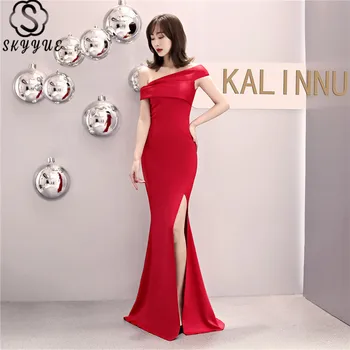 

Skyyue Evening Dresses Off The Shoulder Solid Short Sleeve Formal Dress Split Floor-Length Evening Dresses for Women C083