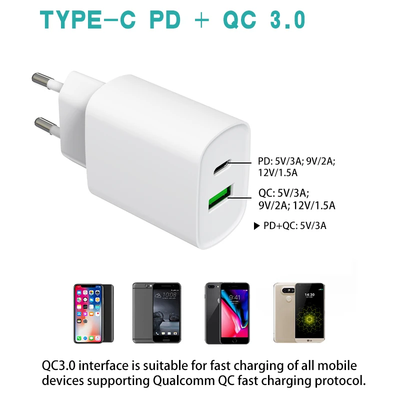18 Вт Быстрая зарядка QC3.0 тип-c+ PD3.0 PD турбо настенное быстрое зарядное устройство для мобильного телефона iPhone samsung Xiaomi
