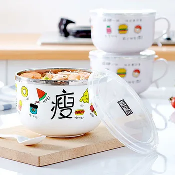 

Korean Style Cartoon Noodle Bowl with Lid Large Capacity Stainless Steel Lunch Bowl for Kids Lovely with Handle Keep Fresh Bowl