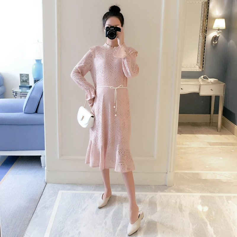 Розовый 9385# милое белое кружевное длинное платье для беременных, Весенняя элегантная тонкая одежда для беременных женщин, свободная одежда для беременных - Цвет: Розовый