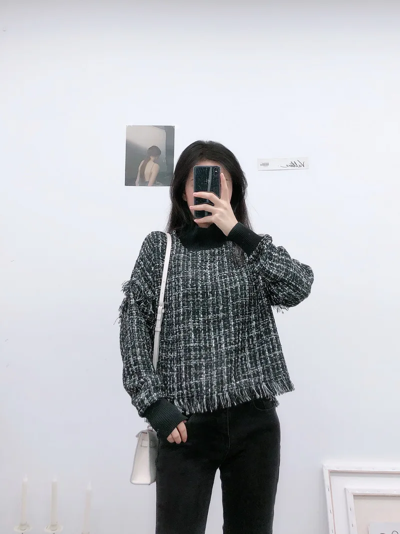  Autumn 2019 New Clothing Women Knitted Woolen Sweatshirt Long Sleeve Turtleneck Raw Edge Modern Lad