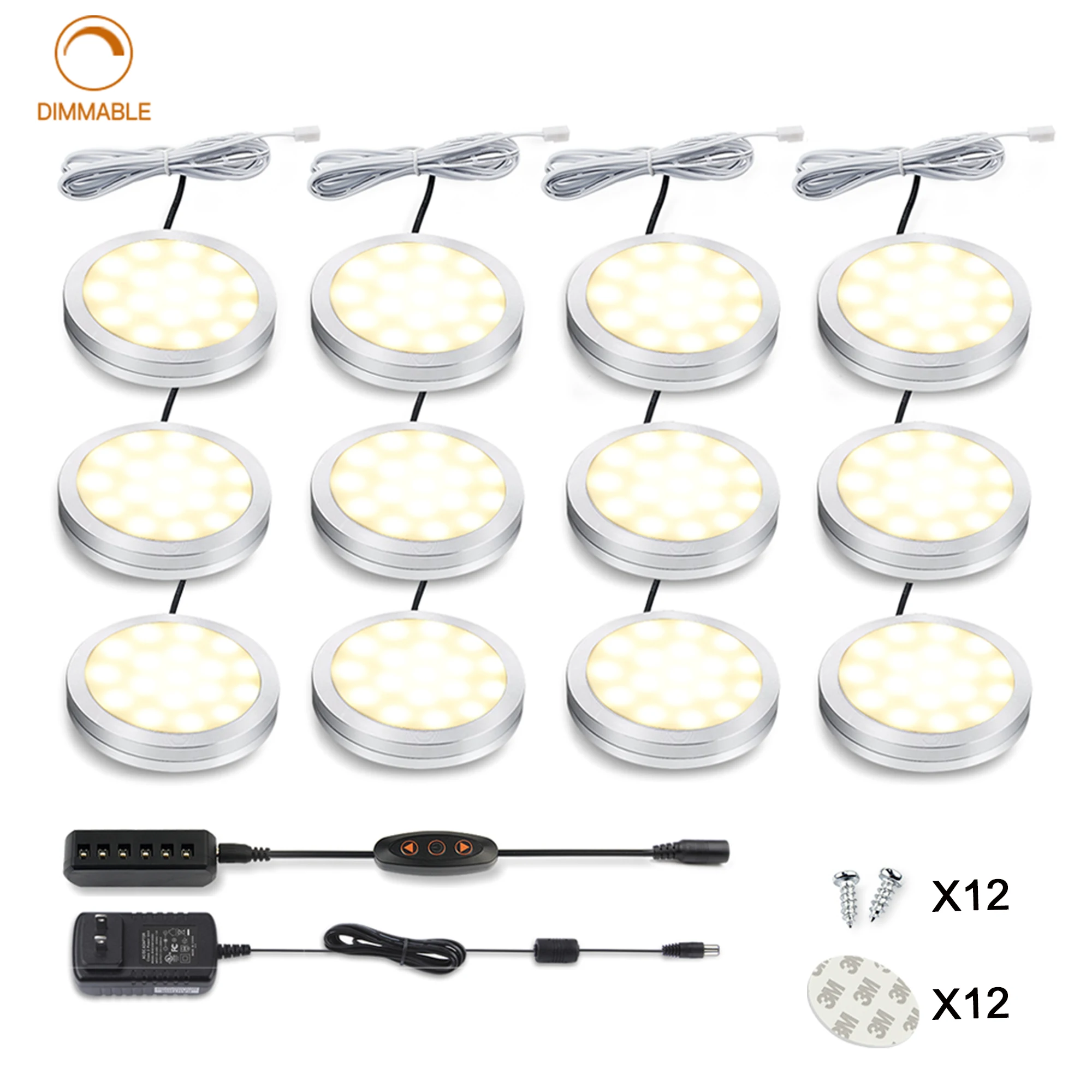 

2W 2400lm Dimmable LED Cabinet Puck Lights Under Cabinet Lighting Kit with 10 Levels Brightness Switch 12 Pack Warm White 3000K