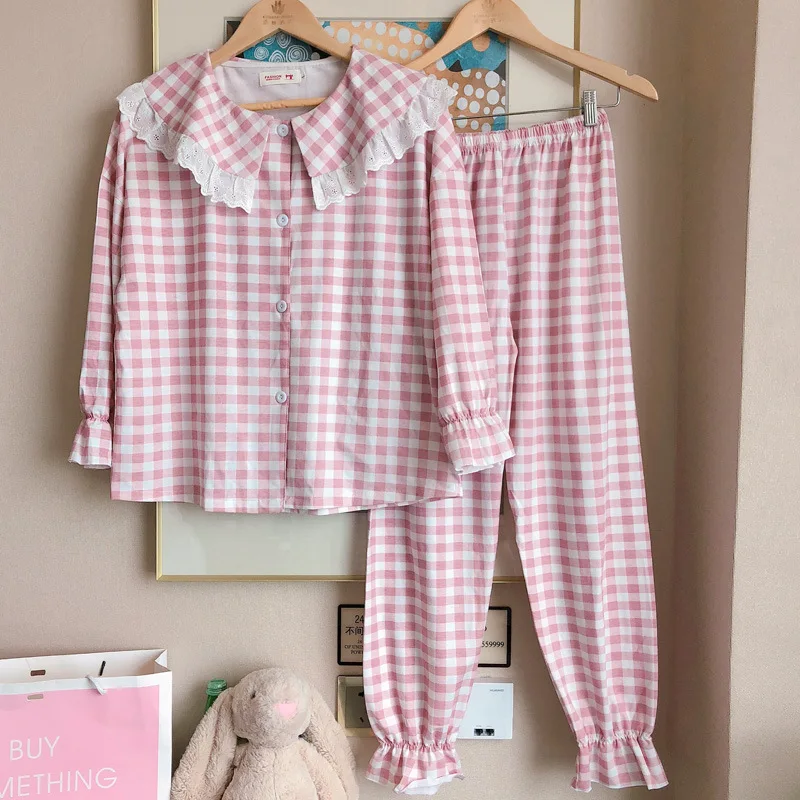 

Pajamas Women Long Sleeve Spring And Autumn Princess Style Korean-style Fresh Students Sweet Cute Tracksuit Knitted Cotton Set