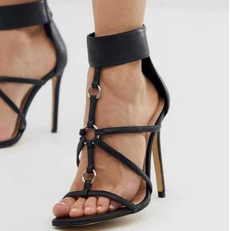 

MeiLiKeLin Black Gladiator Women High Sandals Square Toe Thin Heel Roman Sandals T-Strap Street beat High Heeled Shoes Pumps