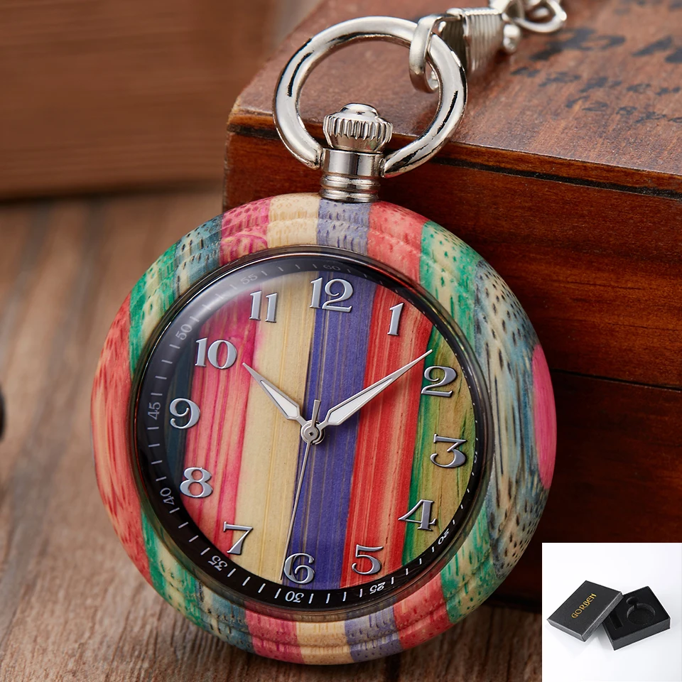 colorful with box Креативные карманные часы с отделкой из дерева кварцевые натуральные деревянные часы брелок цепочка Подвески подарок для мужчин и женщин Unqiue часы reloj de bolsillo - Цвет: colorful with box