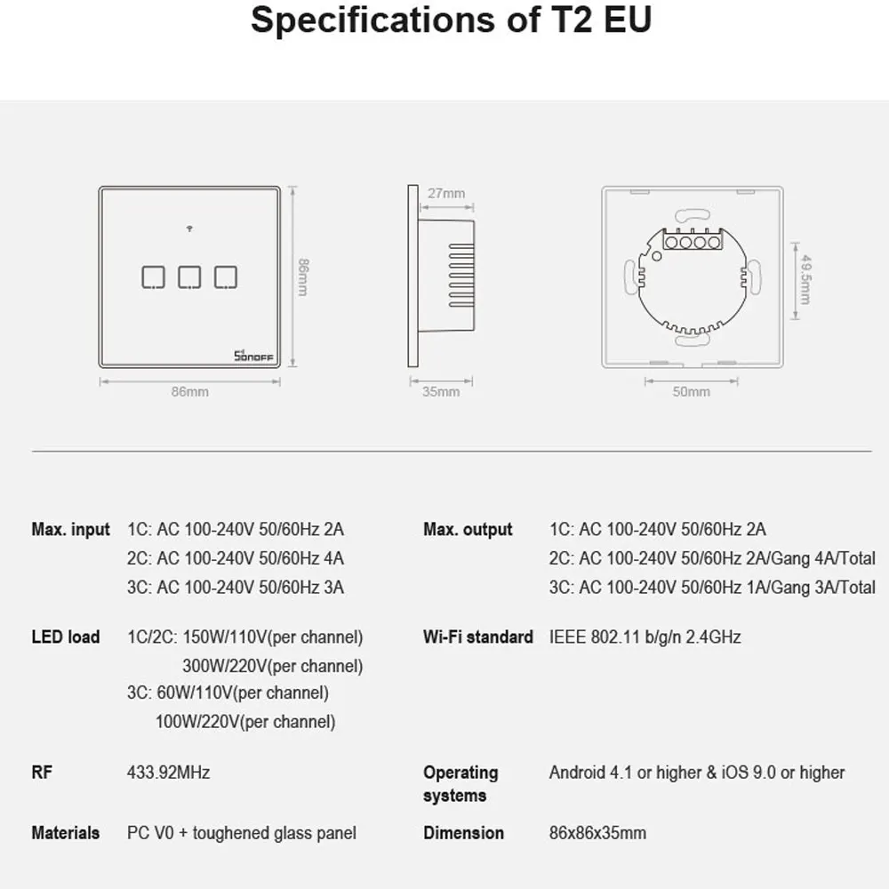Интеллектуальный выключатель света Sonoff T2 1/2/3 интеллектуальная беспроводная(Wi-Fi) 2,4 ГГц Беспроводная панель Сенсорный настенный выключатель дистанционного Ctrl дома США ЕС штепсельная вилка британского стандарта