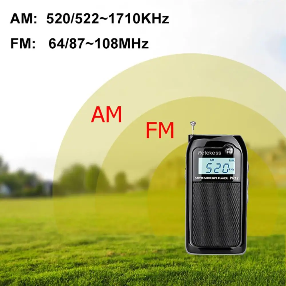 RETEKESS PR12 Мини цифровой карманный радио FM/AM 2 полосный MP3 музыкальный плеер с перезаряжаемой батареей для пеших прогулок/езды на автобус