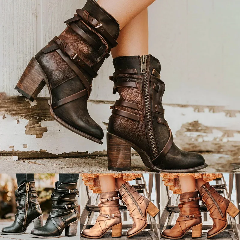 WENYUJH/женские ботинки обувь с заостренным носком на высоком каблуке однотонные Винтажные ботинки в стиле ретро с пряжкой и застежкой-молнией сзади, модель года