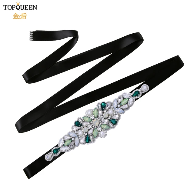TOPQUEEN S443 Luxury Green Rhinestone Bridal Belt Beaded for Formal Evening Dresses Custom Diamond Decorative Belt Handmade black ribbon