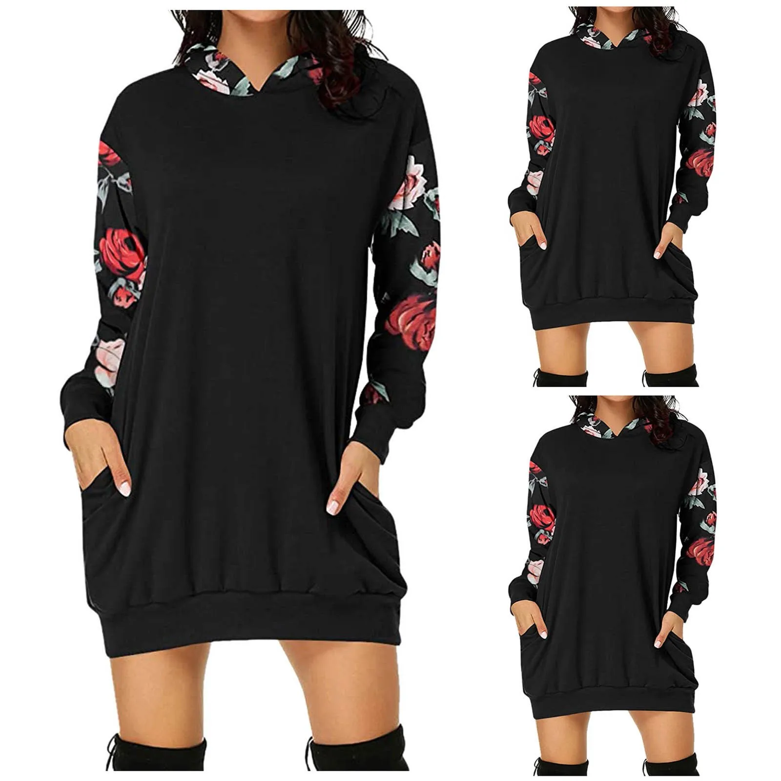 new Women's Fashion Printed Splicing Loose Pocket Long Sleeve Sports Dress Hooded Warm Simple Casual Sweatshirt Vintage Vestido 2