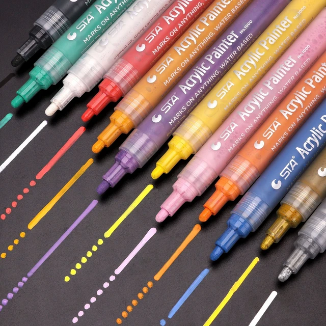 STA 12 Colors Permanent Acrylic Paint Art Marker Pen Set for Glass Fabric  Rock Painting