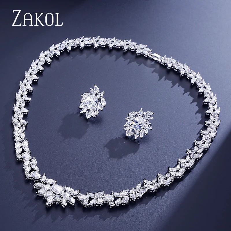 ZAKOL Роскошный Белый Цвет капли воды кластер AAA+ кубический цирконий Модный комплект ювелирных изделий для невесты свадебные украшения Drees FSSP156