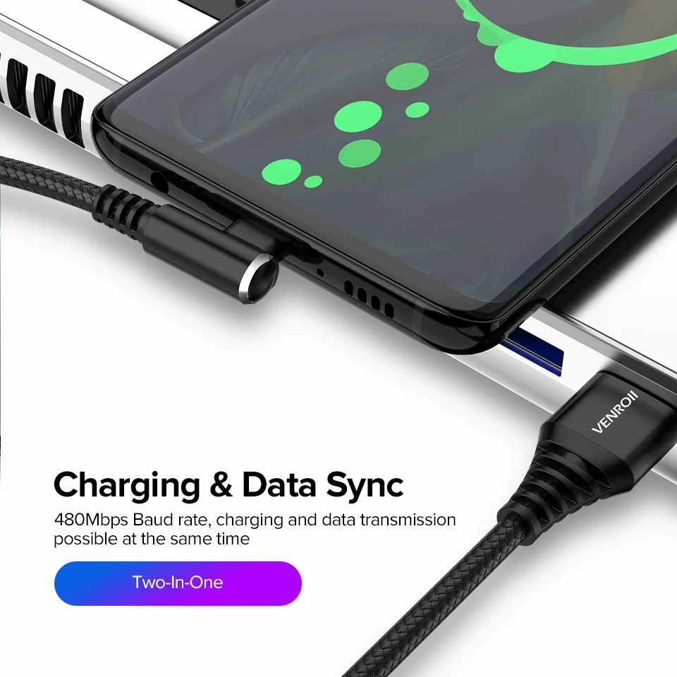 Кабель Micro USB Venroii для быстрой зарядки игровой шнур 90 градусов мобильный телефон