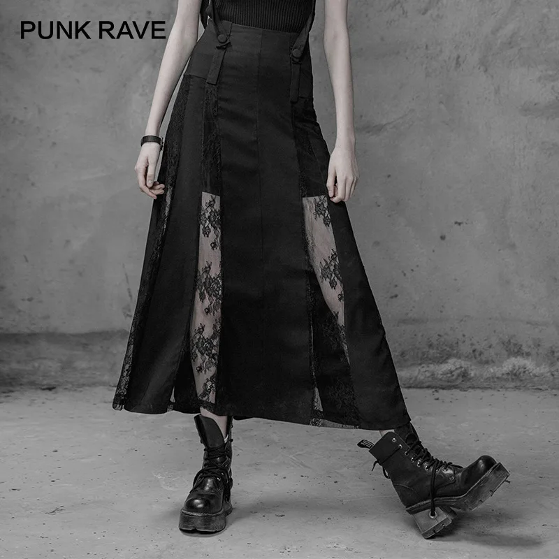 PUNK RAVE Gothic frauen Sexy Lace Floral Muster Schwarz Lange Rock Goth Fashion Spitze Details