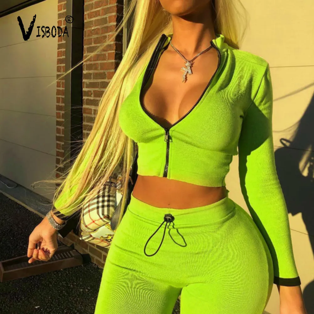 

Neon Green Zipper Skinny Tracksuit Women Cropped Jacket Coat And Legging Pants 2 Pieces Set Fashion Female Elastic Active Suit