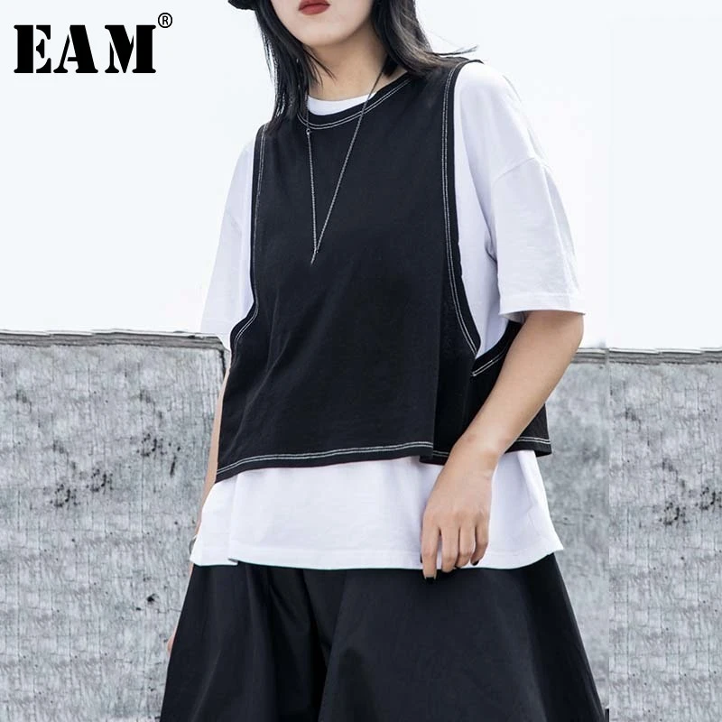 Eam Women White Black Split Joint Big Size T Shirt New Round Neck Half Sleeve Fashion Tide Spring Summer 21 1w257 T Shirts Aliexpress