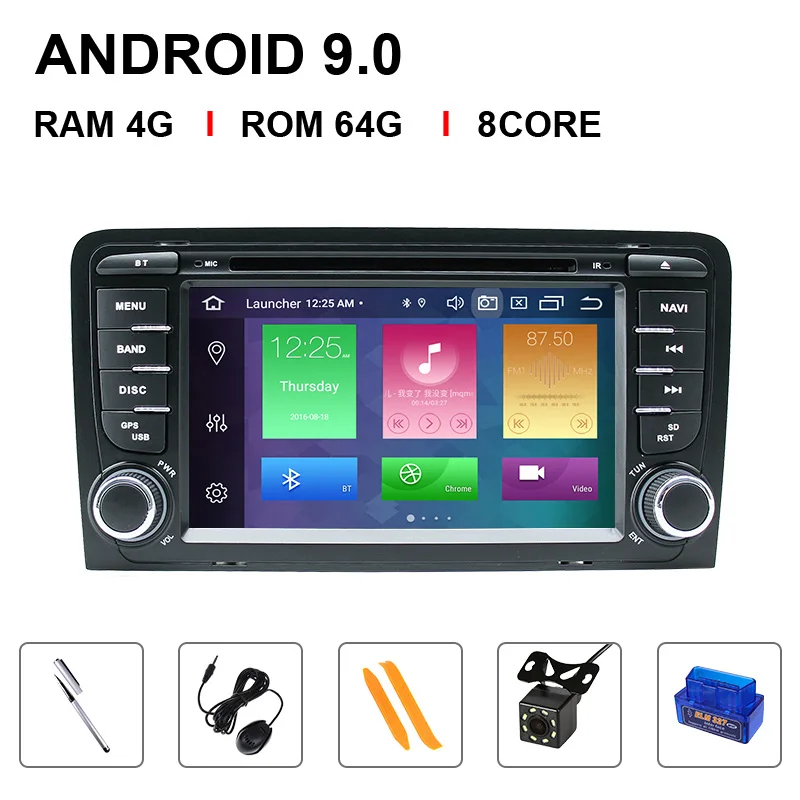 64G 2 Din Автомобильный мультимедийный плеер gps Android 9 DVD Automotivo радио для Audi A3 8P S3 RS3 Sportback навигация gps Carplay OBD2 - Цвет: 8 Core 64ROM OBD Cam