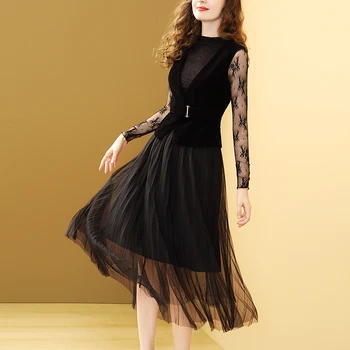 

Gedivoen Fashion Designer Elegant Suit Women Long Sleeve Top+Vest+Elastic Waist Mesh Skirt Three Pieces Set Vintage Autumn Sets