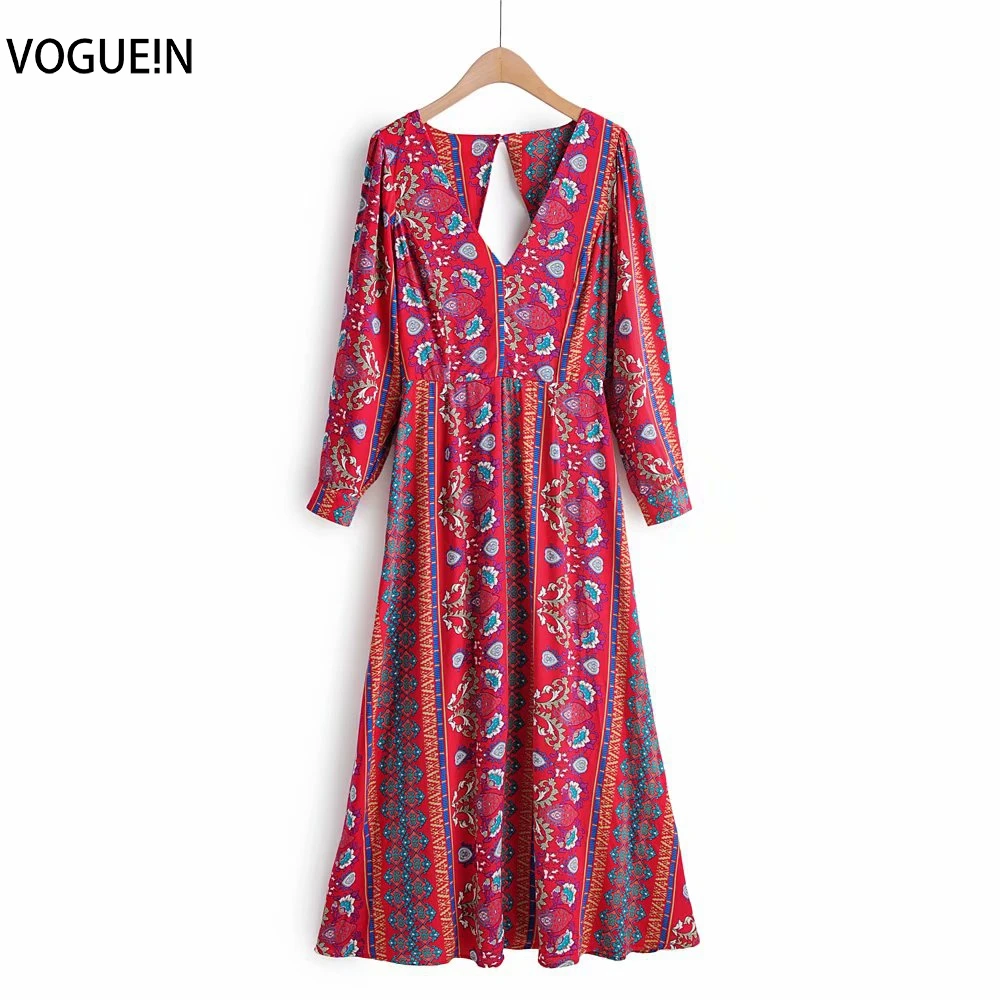 

VOGUEIN New Womens Vintage Floral Print Sexy V-Neck Backless Long Sleeve Midi Dress Wholesale