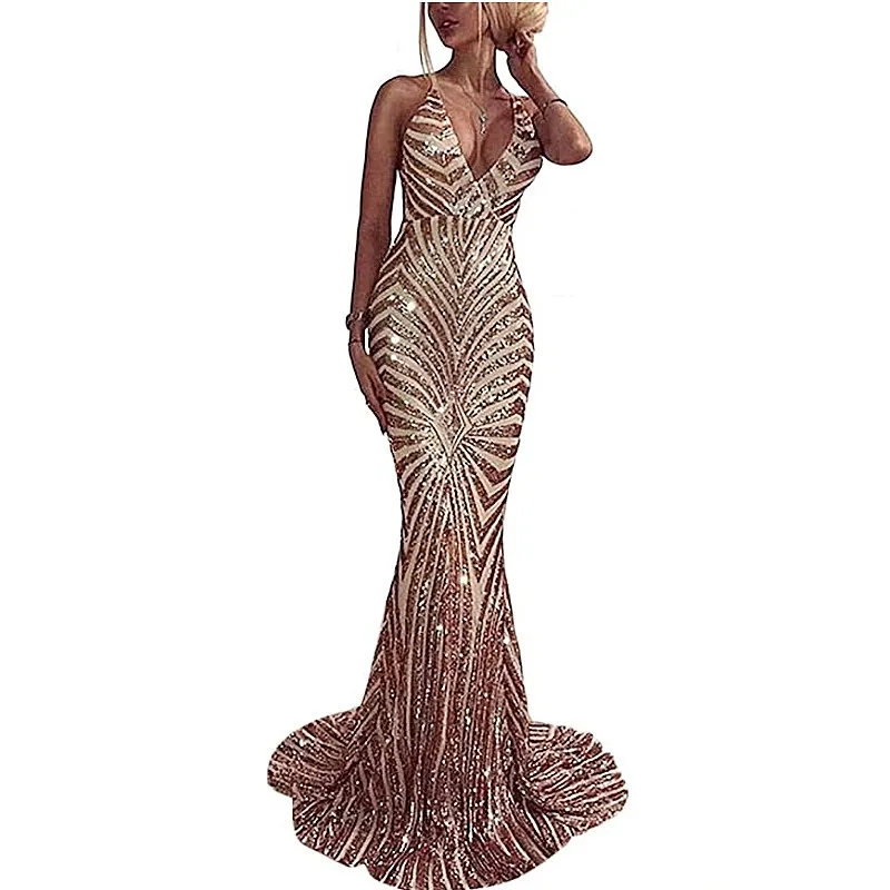 

Women's Spaghetti Strap Sequined V Neck Evening Prom Gown Mermaid Maxi Long Dress YSAN771