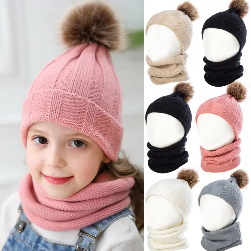 Evrfelan/милые детские шапочки для девочек, шапочки с помпонами, меховые шапки, зимние шапочки, теплые хлопковые шапки из 2 предметов, подарок для детей, gorras