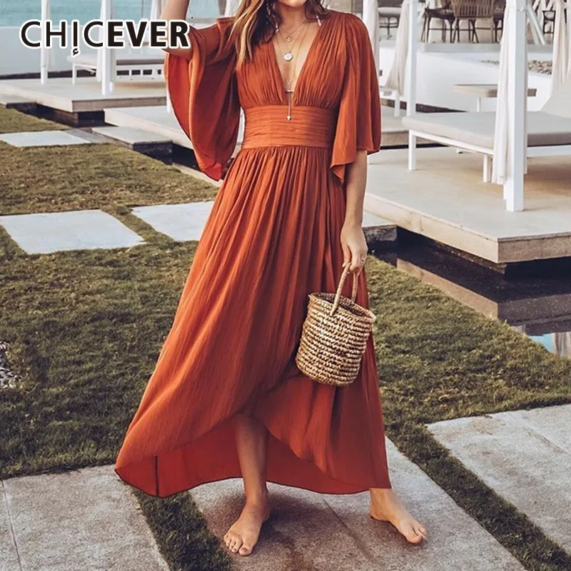 Женское богемное платье CHICEVER летнее однотонное асимметричное с v-образным