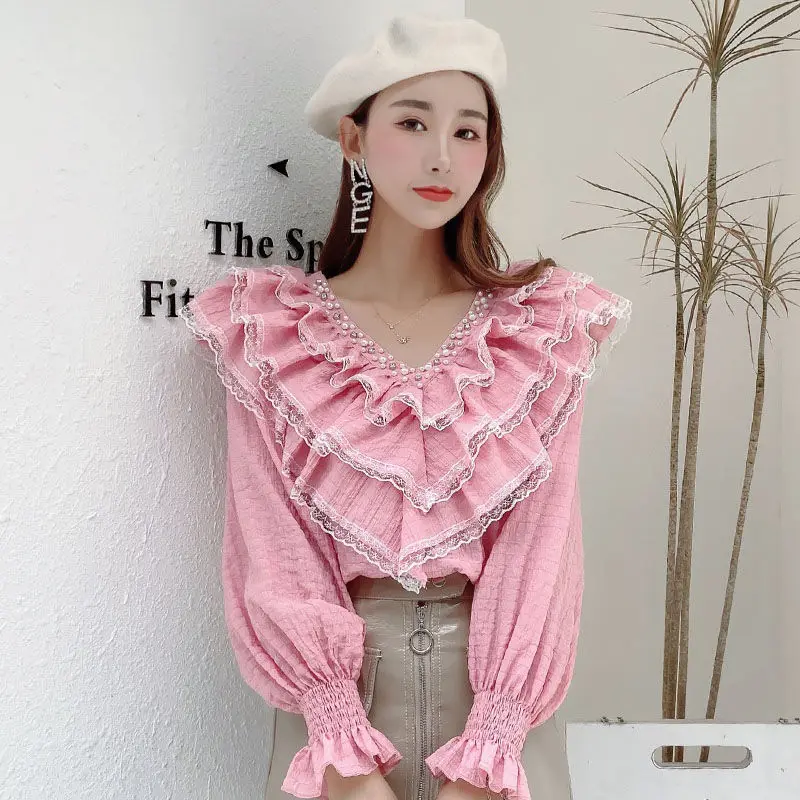 

Spring Fall Vintage White crop Blouse Fashion Sexy Lace Ruffles Women Tops Female Off Shoulde long Sleeve Shirt 2023 New